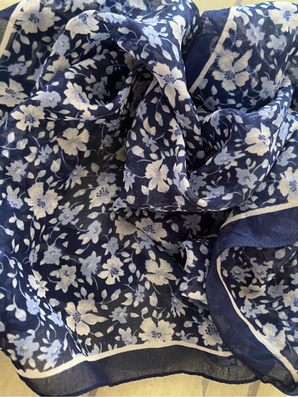 Navy and White Floral Scarf vintage 20” x 20”